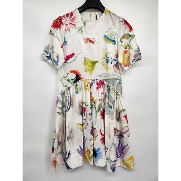 NWD ROSIE ASSOULIN Ebbs and Flows gathered floral linen mini dress Size 2 #2A501 - Picture 2 of 10